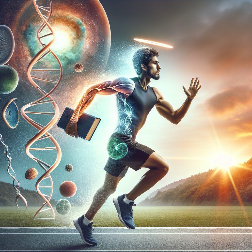 A powerful image illustrating the theme of running as a form of endless perseverance, inspired by both faith and science. Place the scene at sunrise, signifying a new day and new challenges. A South Asian male athlete, in his running gear, vigorously sprints on a track surrounded by a serene landscape. In one hand, a holy book symbolizing faith, in the other, a DNA helix representing science. An ethereal glow surrounds him, emphasizing his determination and strong will.
