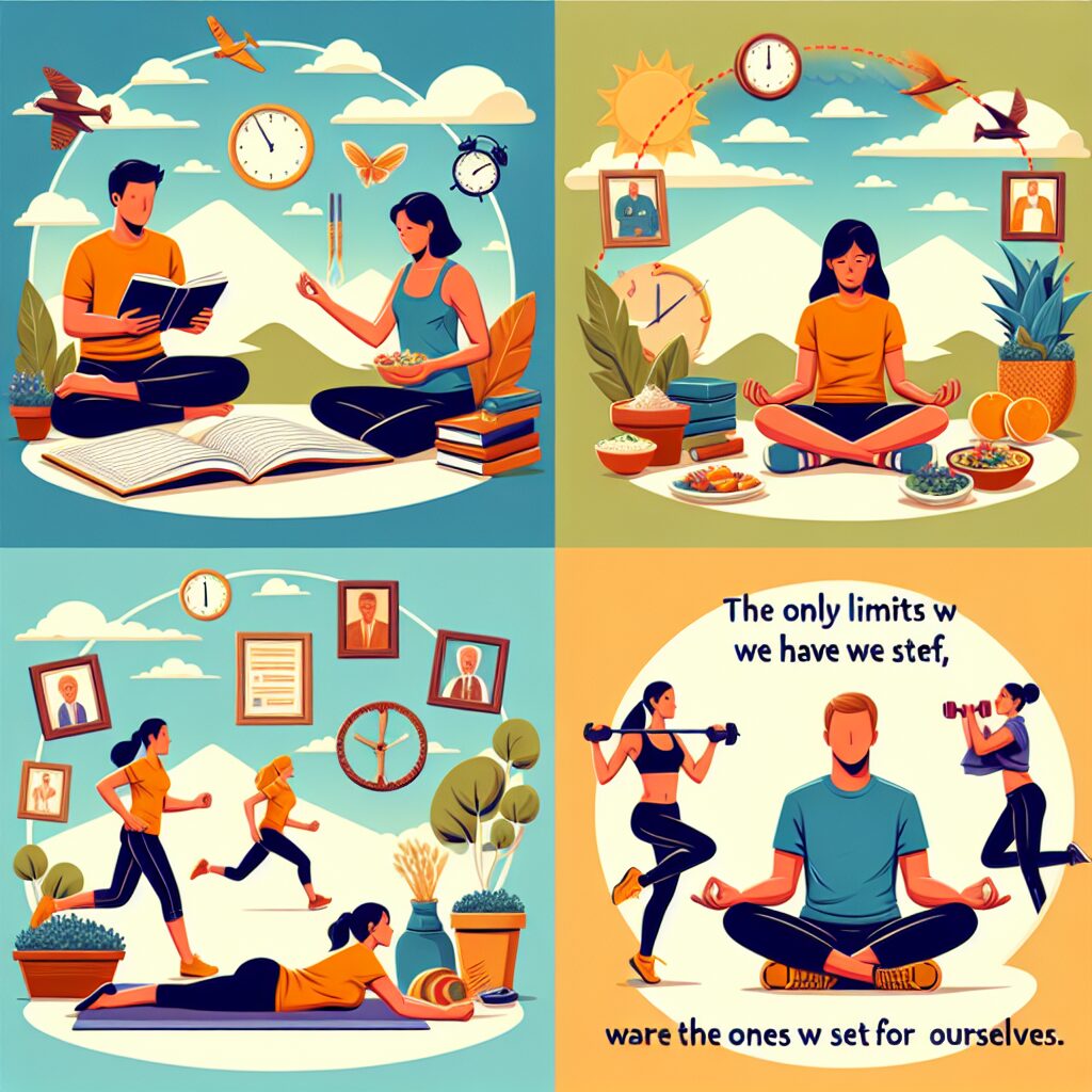 Create an image that represents the theme of surpassing personal challenges through conscious effort and self-discipline. Show a diverse group of individuals engaged in activities representing self-improvement including reading books focusing on personal development, practicing meditation, exercising, and eating healthy food. These four scenes should be happening in a simultaneous shared space to symbolize an interconnected approach towards self-improvement and conscious overcoming. Also show an inspirational quote written in the sky, which reads: The only limits we have are the ones we set for ourselves.