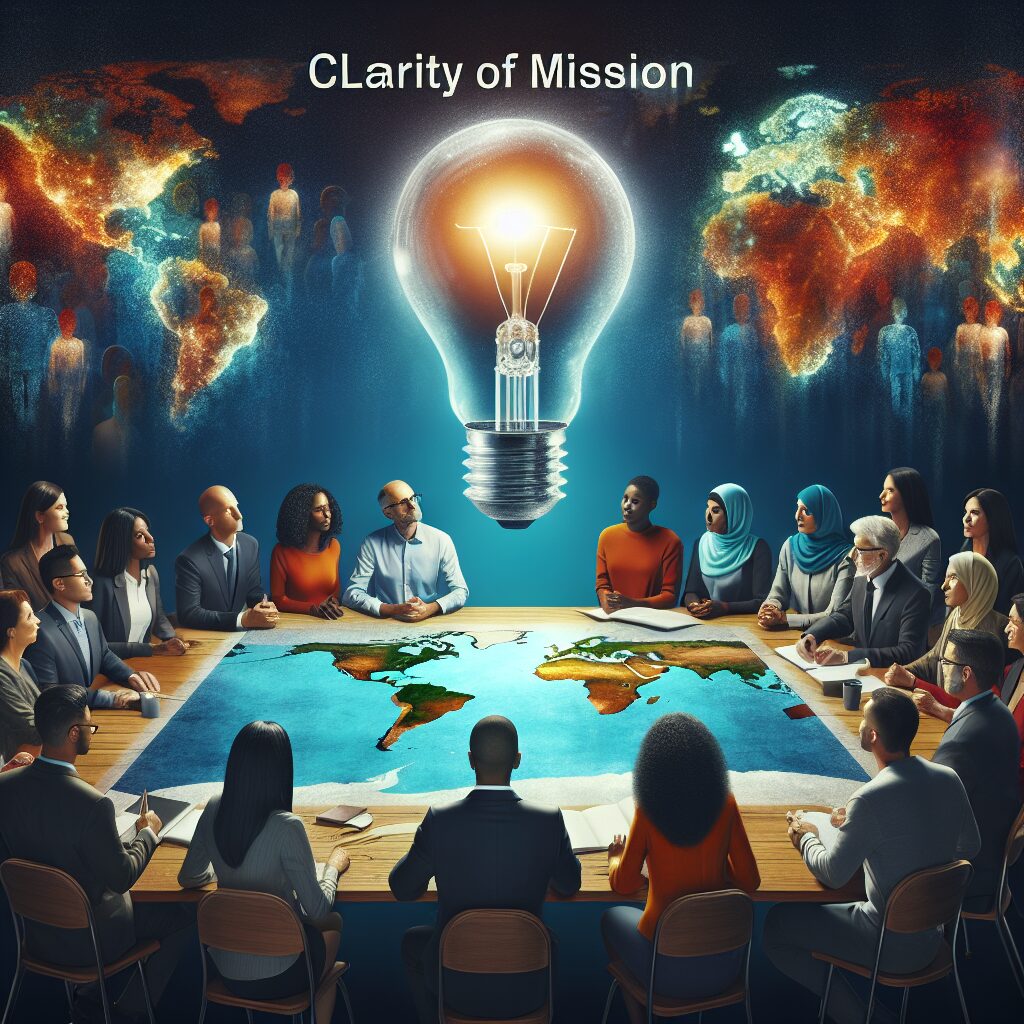 An image illustrating clarity of mission and an inspiring, transformative purpose. It depicts a diverse group of individuals from varying descents, such as Hispanic, Caucasian, Middle-Eastern, South Asian, and Black, equally representing both genders. They are gathered around a table, looking at a bright light bulb, symbolizing an idea or purpose. On the table is spread a world map, signifying the global reach of their mission. The atmosphere is collaborative, ambitious, and vibrant, underlining their common goal.