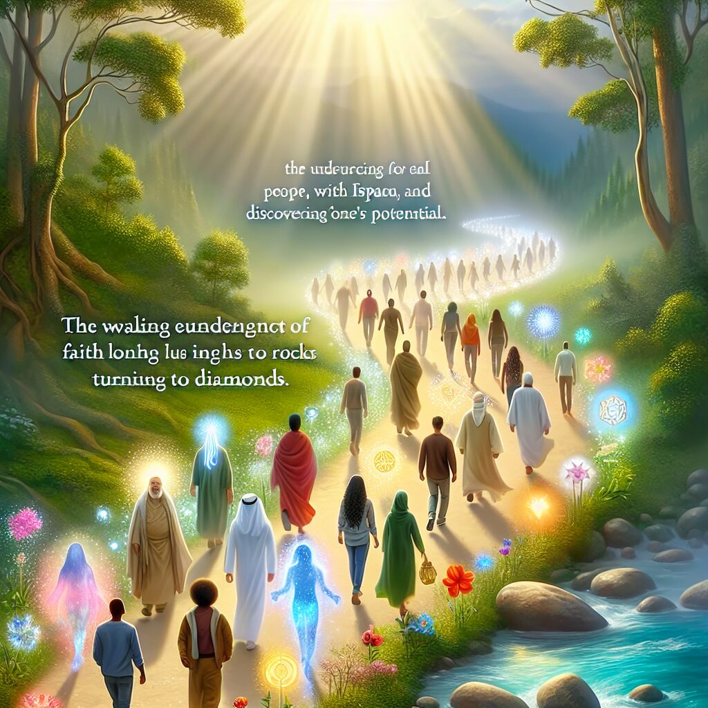 A visually appealing scene that represents the concept of walking with faith and discovering one's potential. Imagine a serene path through a lush forest, bathed in soft morning sunlight. On the path, envision a vibrant mix of people from different descents such as Caucasian, Hispanic, Black, Middle-Eastern, and South Asian. Each person is striding purposefully, a look of determination on their faces. Depict each individual surrounded by symbols, representing their unique potential - these could include light emanating from them, blooming flowers, or rocks turning into diamonds. Capture the undercurrent of spiritual faith linking everyone.