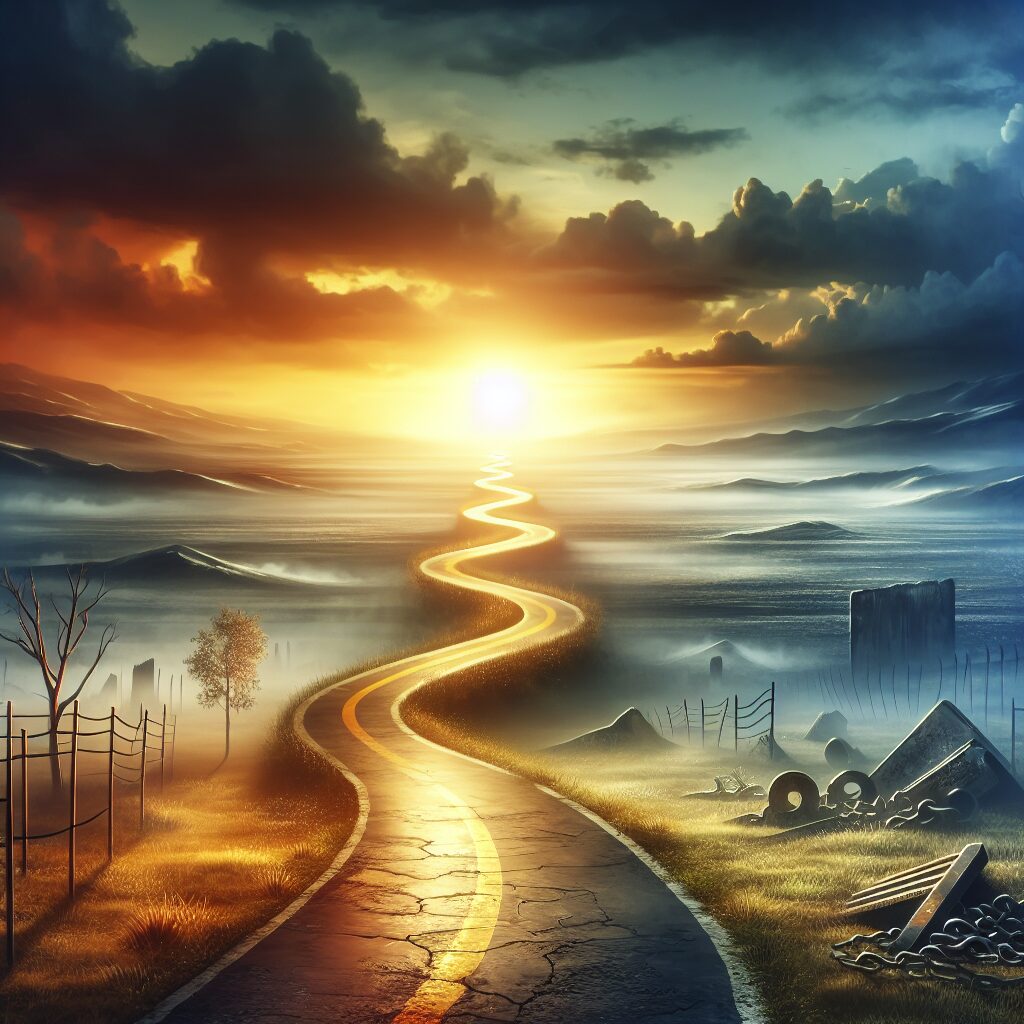 Create a visually striking representation of the journey to renew beliefs and overcome personal challenges. Picture a winding path stretching towards horizons unknown, lit by the first light of dawn symbolising a new beginning. Unfamiliar landscapes draped in morning mist demonstrating uncertainty but also the allure of the unknown. Consider individual elements representing personal fears and obstacles being left behind, such as discarded chains or broken barriers. In the distance, maybe depict a rising sun to represent hope and resilience. Reflect on the theme of progress and rejuvenation throughout the picture.