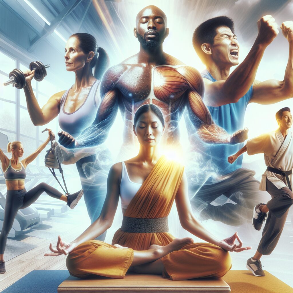 Visualize a dynamic scene of transformation and inspiration related to the concept of training. The focus is on a diverse group of individuals from various descents involved in different kinds of training methods. See a middle-aged Hispanic woman practicing yoga beside a young Black man lifting weights. Nearby, a South Asian woman performs martial arts moves while a Middle-Eastern man jogs on a treadmill. Their determined expression, the beads of sweat dotting their brows, and their radiant energy illustrate the power of training as an inspiring and transformative act.
