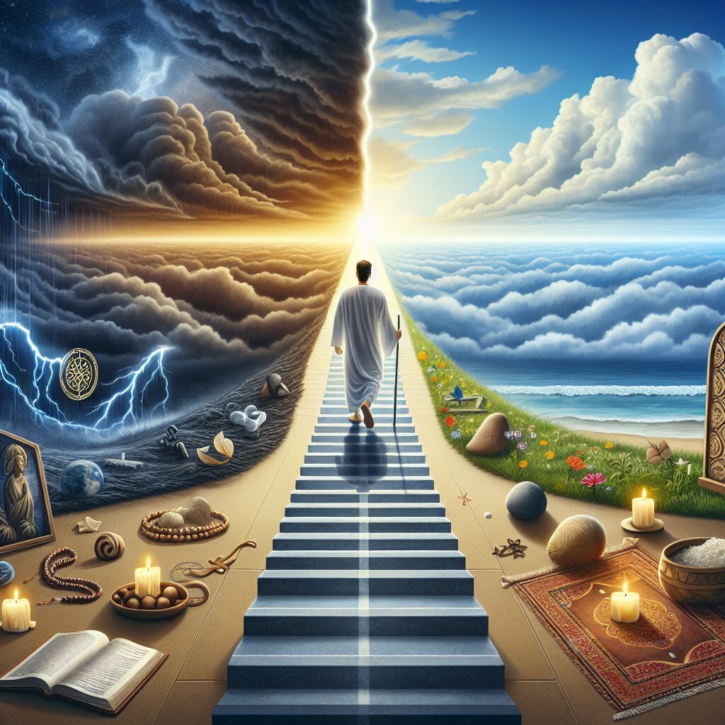 Create an image representing spiritual discipline as a transformative path to overcoming challenges. This should illustrate an individual stepping onto a pathway that leads progressively from darkness to light, symbolizing the journey from hardship to victory through perseverance, self-control, and faith. The person stands at the beginning of the path, a look of determination on their face. They are surrounded by symbolism of various spiritual practices such as a meditation mat, prayer beads, and sacred texts. The sky starts as stormy at the beginning of the path, and progressively lightens, finishing as a clear, calm and peaceful blue at the end of the path.