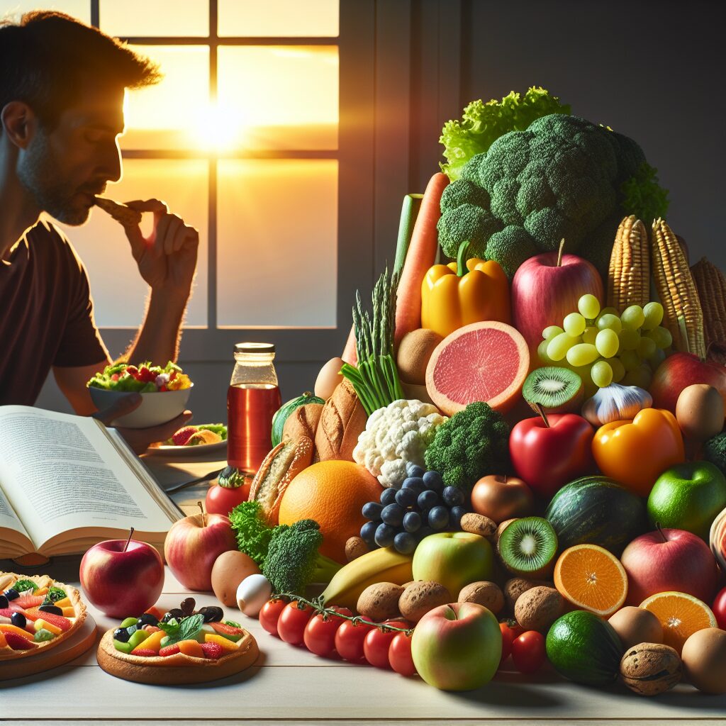A bountiful display of various healthy foods including colorful fruits, fresh vegetables, lean proteins, and whole grains arranged creatively. In the background, a focused individual is seen practicing mindful eating, savoring each bite. The setting sun peeps through the window, casting a warm glow over the scene. An open book with the title 'Nutrition: Essential Inspiration for Self-Control' rests on the table next to the food, suggesting the importance of knowledge in making informed dietary choices.