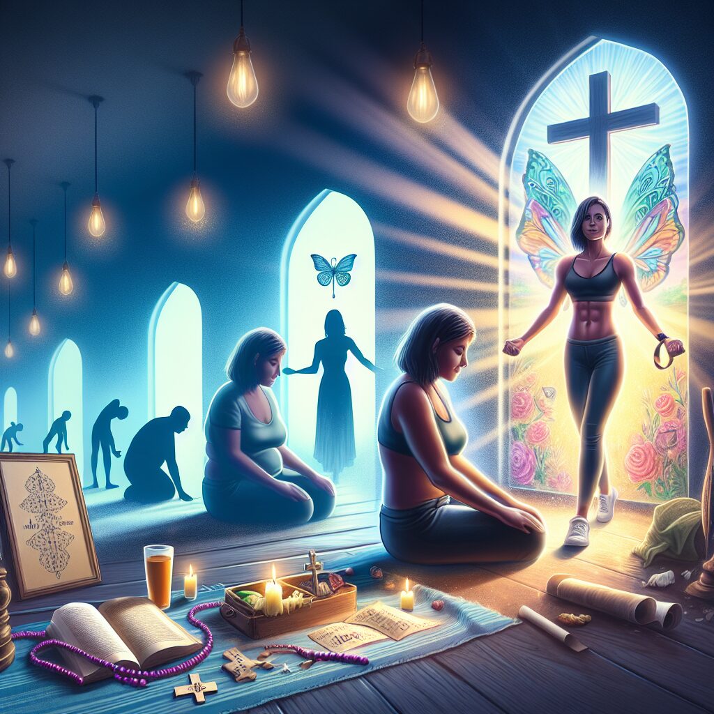 Imagine a scene that depicts a journey of transformation. Picture an individual at the start of their journey, unhappy with their physique, yet full of hope and purpose. They are in a dimly lit room. Spiritual symbols like a cross, prayer beads, or a symbolic book are present, symbolizing their faith. Over time, through dedication and hard work, visualize the transformation. The same person is seen happier, healthier, fitter, with an aura of confidence, amidst a radiant, light-filled room, filled with elements of their faith. In the background, there's an uplifting message about transforming one's body with purpose and faith.