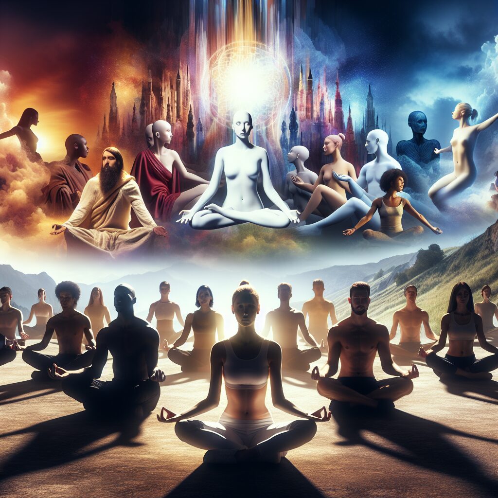 An image showcasing the concept of the body being an essential temple for spiritual overcoming. The image should be powerful, and depict a diverse combination of people meditating. There is an array of racial backgrounds shown - White, Black, Hispanic, Middle-Eastern- with an equal mix of men and women. The backdrop is a serene natural landscape, majestically demonstrating tranquillity. The people should be in various yoga poses, embodying the spiritual connection between their bodies and minds. The lighting should illuminate the peace and serenity portrayed, creating an aura of spiritual transcendence.