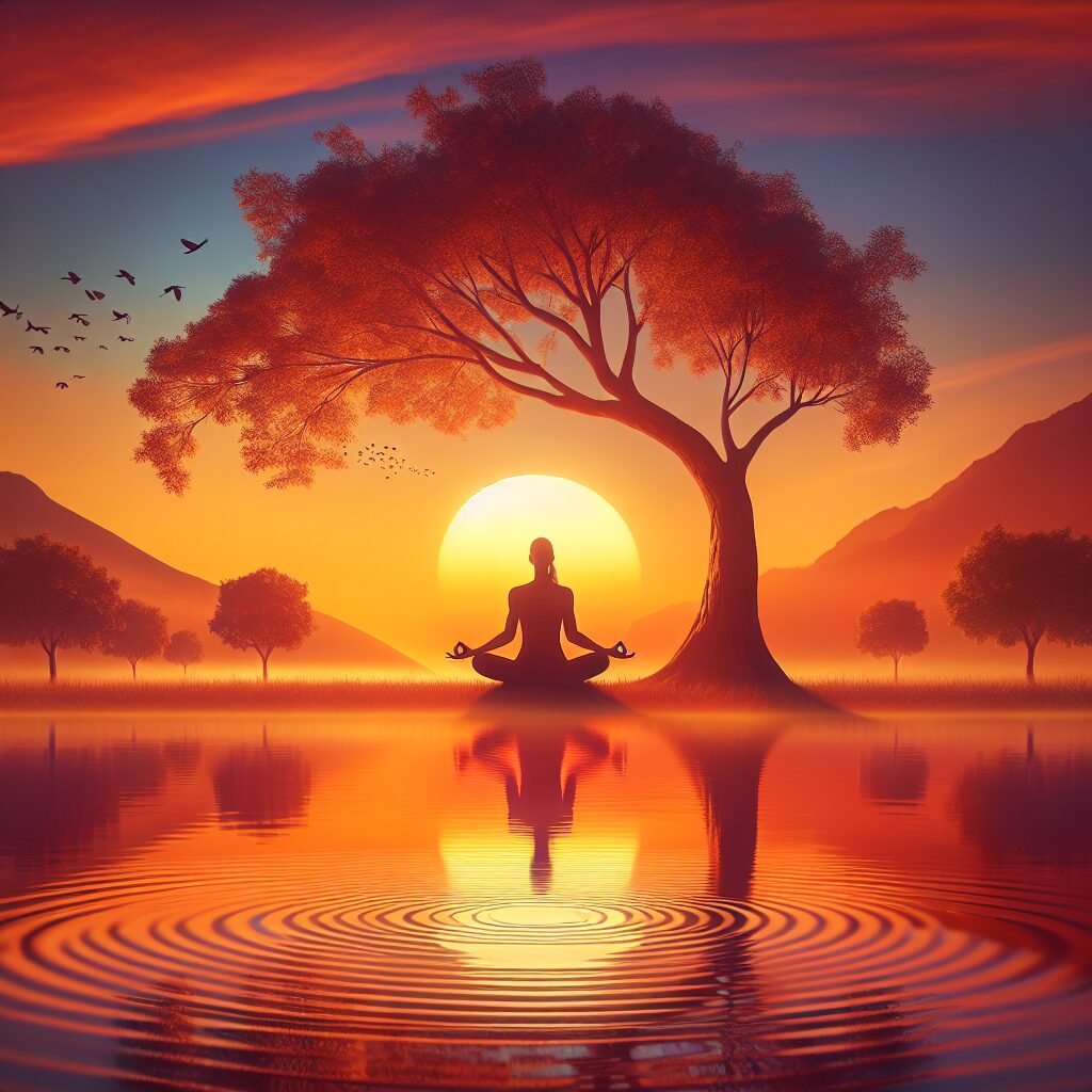 A peaceful setting emphasizing tranquillity and rejuvenation. Imagine a serene landscape set at sunrise, where the vibrant orange hues of the dawn permeate the scene. At the centre, a solitary tree stands, symbolizing grounding and resilience. Nearby, a calm lake reflects the surreal colours of the sky. On the shore, an unidentified individual of South Asian descent practices yoga, representing the transformation of body and spirit. Their form reflects a balance of strength and ease, embodying the concept of essential rest. The image exudes serenity, calm, and a sense of unity with nature.