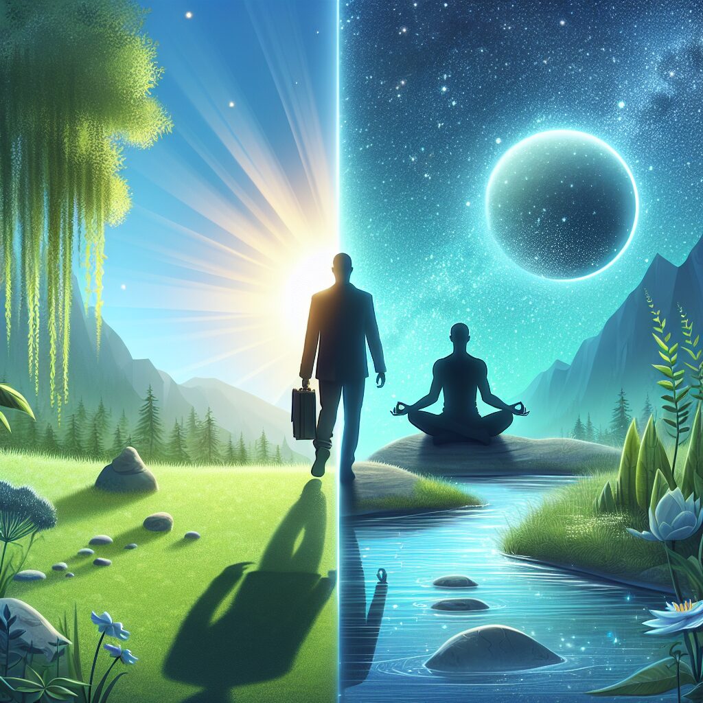 A serene landscape depicting personal transformation. In the foreground, a silhouette of a stressed individual in a suit, symbolizing the busy modern life. The person's shadow, instead of matching their shape, forms a peaceful yogi in a meditative pose, symbolizing the journey towards inner peace. Around, luscious greenery and a sparkling stream depict physical health and rejuvenation. Halfway between them, a glowing sphere representing a healthy, empowered mind. Above, a clear blue sky dotted with faintly glowing stars, symbolizing the limitless potential of the human spirit.