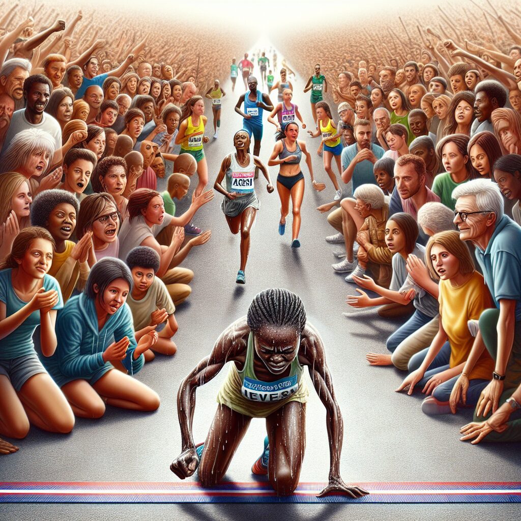 A powerful image depicting the essence of perseverance impacting lives. Imagine an African athlete, pushing past the finish line after a grueling marathon run, her face sweating but glowing with determination. Around her, diverse, multiethnic spectators, young and old, watching in awe and respect. Showcase the energy and inspiration rippling through the crowd, and the positive transformations taking place in their lives as they witness this act of sheer perseverance.