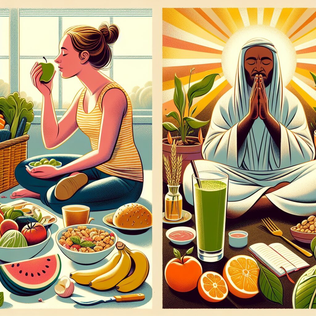 Illustrate an image that encapsulates essential nutrition for both body and faith. Show foods that are healthy and nutritious spread out on a table. Alongside, depict a peaceful serene scene of an individual deeply engrossed in prayer or meditation. Feature a diverse lot of people in the picture, ranging from a Caucasian woman enjoying a apple, a Black man drinking a green smoothie, to a Middle-Eastern man consumed in spiritual reflection. Incorporate elements of sunshine and growth to symbolize the power of faith. Please do not depict any specific religious symbols or practices.