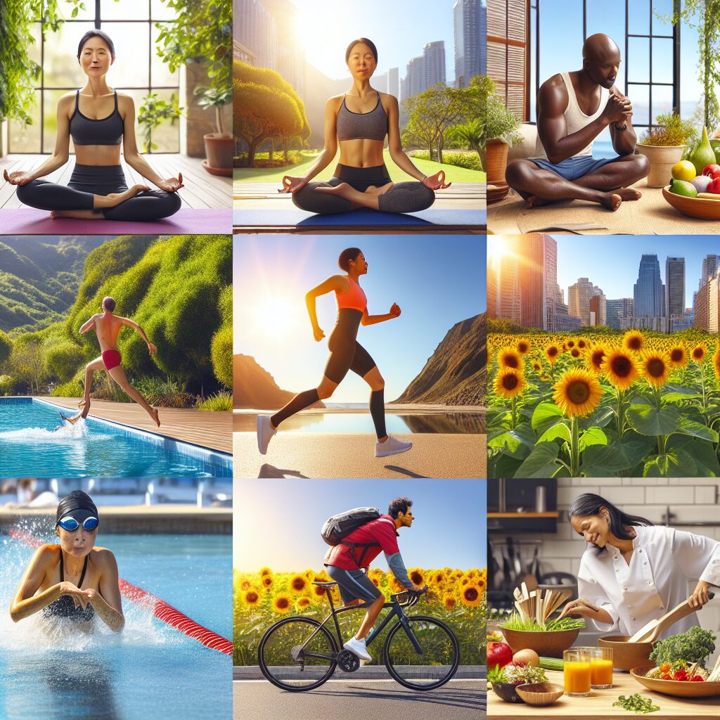 An image that conveys the inspiring essence of taking care of one's body. It includes a diverse group of people engaging in healthy habits: an Asian woman doing yoga in a peaceful garden setting with lush greenery around, a Black man in athletic gear running in an urban park on a clear sunny day, a Caucasian lady swimming laps in a pool, a Middle-Eastern man cooking a healthy meal in a kitchen filled with fresh ingredients, and an Indian lady riding a bicycle beside a field of sunflowers. Each individual appears content, focused, and absorbed in their pleasant activity.
