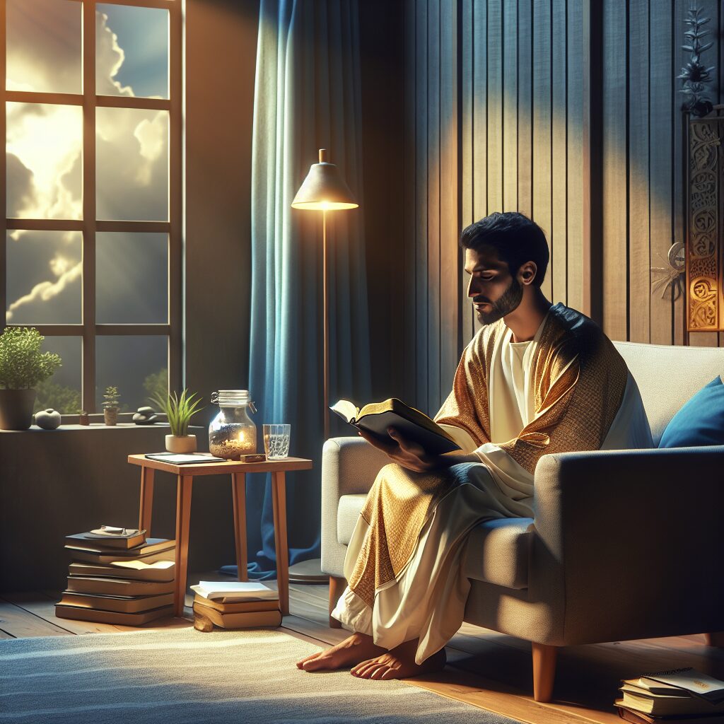 Create an insightful depiction of transformational psychology: A scene where an individual of South Asian descent is sitting on a comfortable chair in a peaceful, well-lit room reading the Bible. Display their expression as tranquil and contemplative; they are immersed in the profound wisdom of the scriptures. Nearby on a side table, there are notes and a few psychology books, suggesting their interest in the integration of spiritual and psychological wisdom. The ambiance of the room reflects a sense of healing and growth.