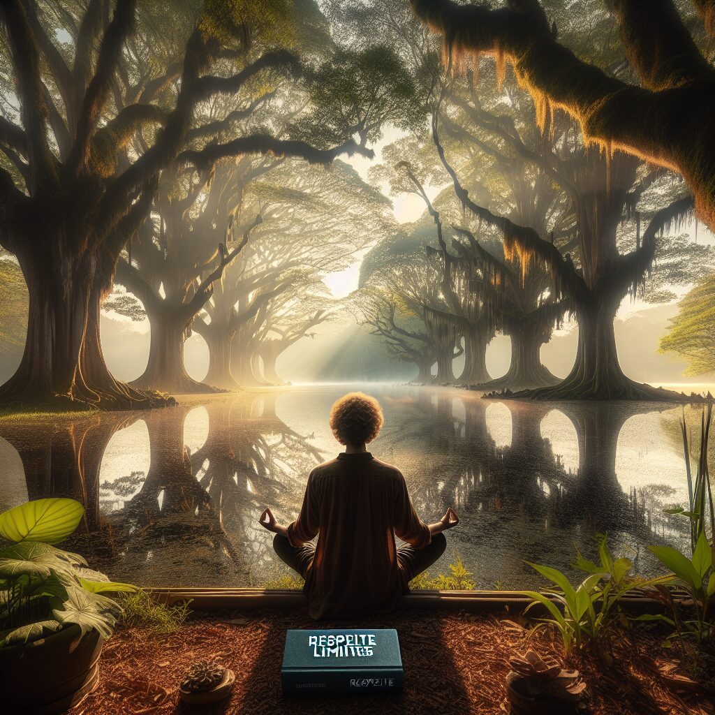 An inspiring image of a peaceful individual meditating in a serene nature setting, symbolizing spiritual transformation. The person is of South Asian descent, sitting in a Lotus position facing a tranquil lake, surrounded by majestic, ancient trees. The morning light scatters through the foliage, casting a soft, warm glow on the entire scene. On the ground next to them lies a book titled 'Respeite Limites'. The contrast between their serene expression and the pristine natural setting evokes a sense of deep inner peace and spiritual respect for boundaries.