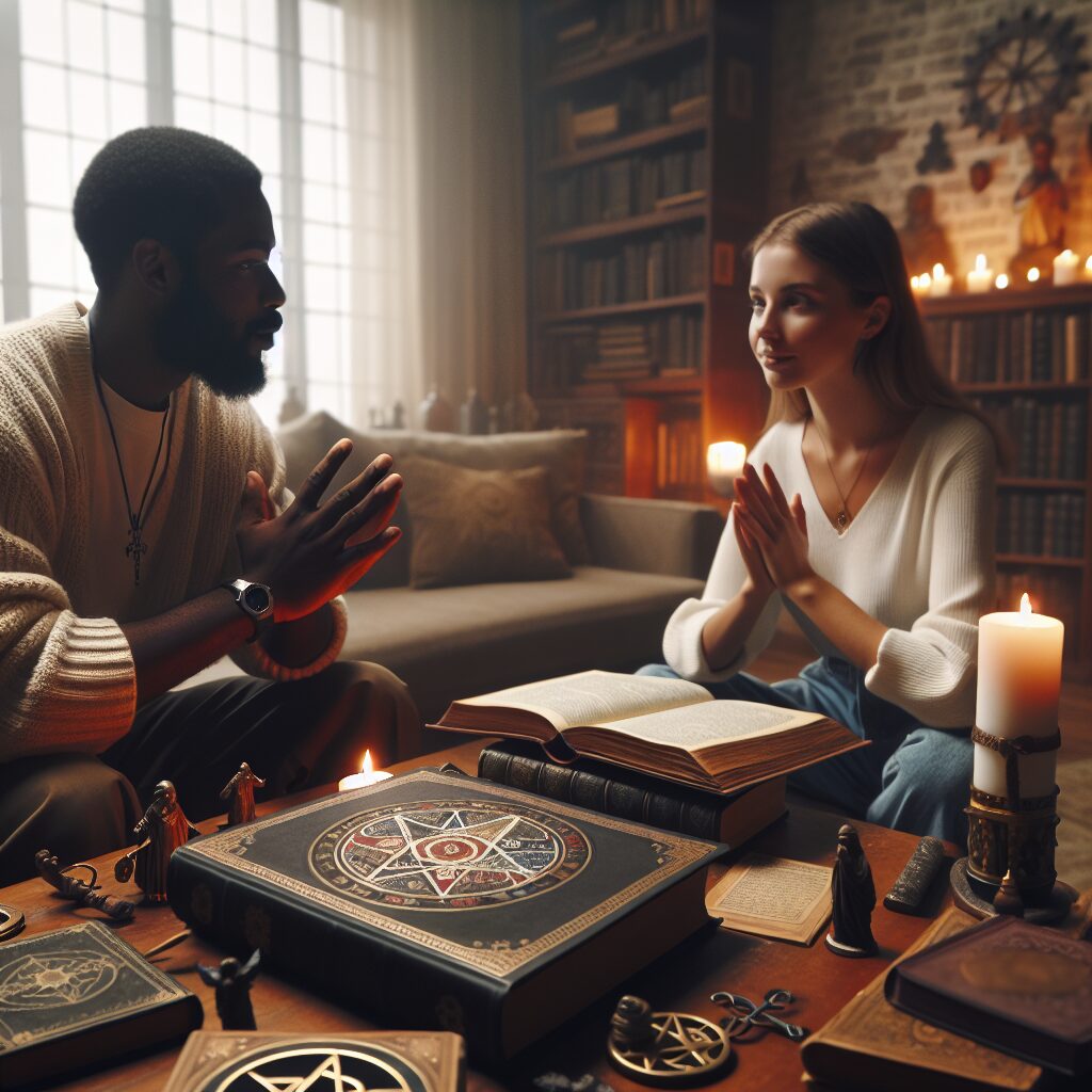 Visual representation of a concept: A Caucasian woman and a Black man, both in casual attire, are engaging in deep conversation. They are in a cozy, softly lit room filled with various religious books and symbols from different religions. A large book titled 'Toque' lies open on a wooden coffee table in front of them where a candle casts a warm, inviting glow. The focus is on the sense of purpose and faith they exude, their open expressions showing their commitment to leading lives of purpose and faith.