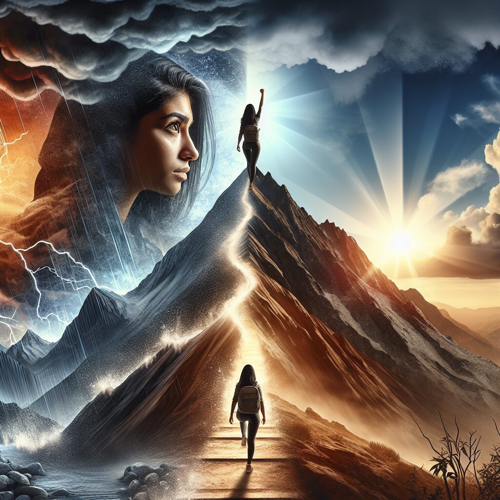 A dynamic scene illustrating an individual's transformative journey towards overcoming challenges. The image is divided into three segments. On the left side, symbolizing the beginning, depicts a young Latino woman dealing with a formidable mountain under a stormy sky, symbolic of her initial struggles. In the middle section, representing the ongoing journey, there is a warm sunrise, and she continues her journey, showing determination in her eyes. The right side shows the same woman, now older, radiantly standing at the mountain peak under a clear blue sky, signaling her achievement. The entire image should offer a holistic representation of resilience, determination, and triumph.
