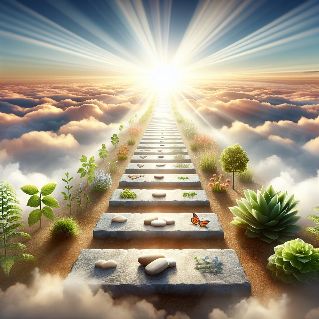 A motivating pathway leading into a sundrenched horizon, where the pathway represents a metaphorical journey of transformation and growth. Each stepping stone on the pathway signifies different beneficial habits that one can develop. Flora on the sides of the path symbolizes different stages of growth. The sunbeams illuminating the path serve to evoke feelings of inspiration and motivation.
