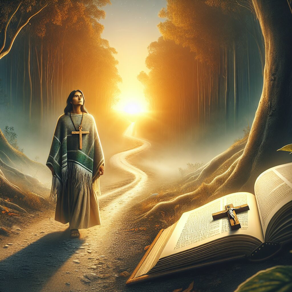 A visual narrative of an incredible journey of faith and personal growth. This shows a secluded, tranquil path leading towards a golden sunrise, representing hope and a new beginning. A person of Hispanic descent, both resilient and serene, takes confident strides on this path, their face uplifted in determination, their hands clasping a wooden cross pendant. In the foreground, an open book with pages fluttering lightly in the fresh morning breeze, symbolizing unwritten stories and untraveled paths. The imagery is serene, symbolic and inspiring, demonstrating the themes of faith, perseverance and spiritual renewal.