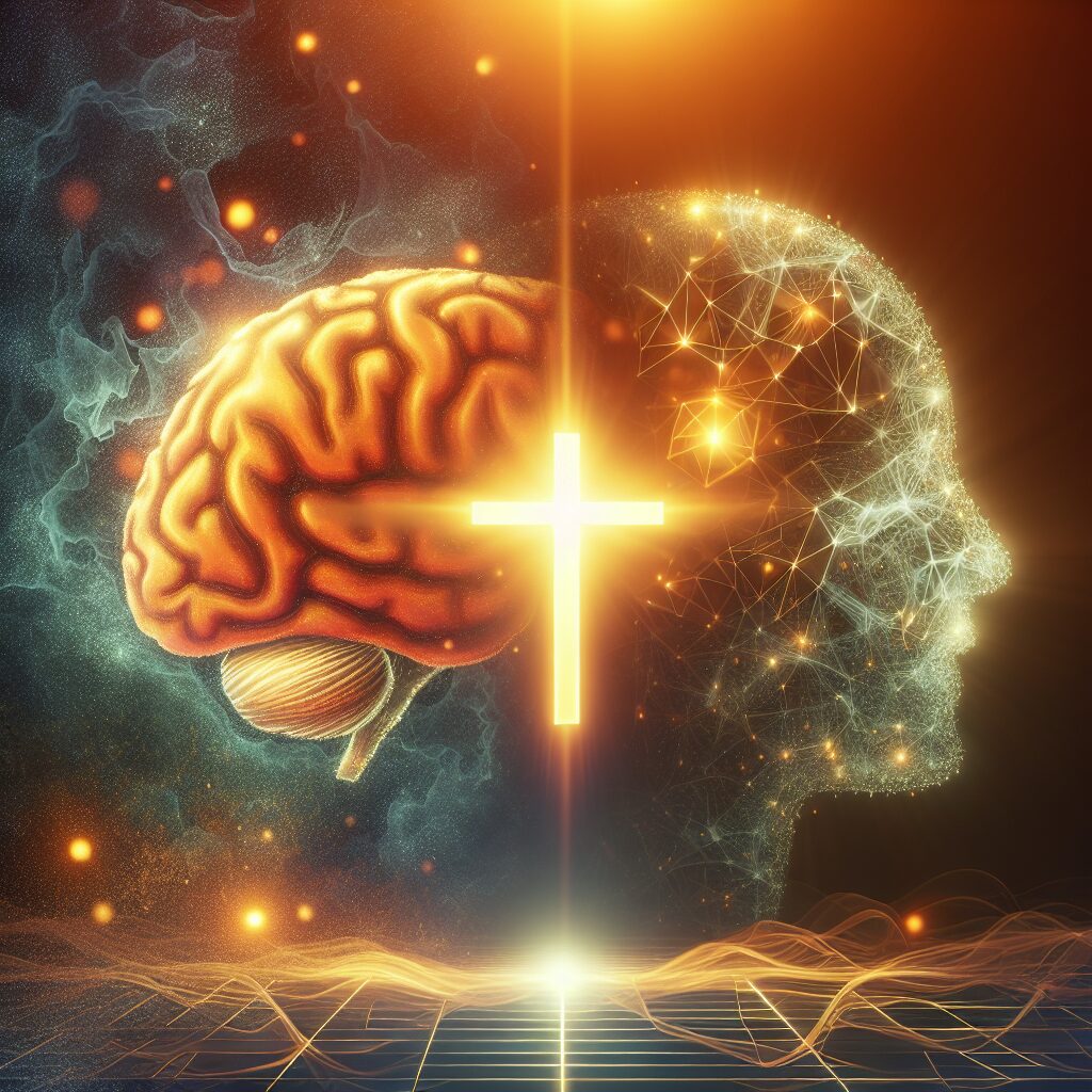 An engaging and thought-provoking image representing the transformative and inspiring union of psychology and faith. It might include symbols associated with both domains, like a human brain representing psychology and a glowing cross denoting faith. The scene could be illuminated by soft, warm light to underline the depth and warmth of the combined disciplines. The ambiance should reflect serenity, harmony, and mutual enrichment as well as the power to positively transform lives.