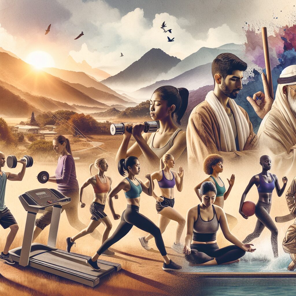 Create an inspiring journey through exercise and faith. In the foreground, a diverse group of individuals participates in rigorous training. A Caucasian woman is seen pumping iron while a Middle-Eastern man is running on a treadmill. A Black woman is practicing yoga and a Hispanic man is shadow boxing. In addition, a South Asian woman is swimming laps in a pool. Each individual exhibits focus, determination and a tranquil faith. This devotion extends to the background, where large peaceful mountains sit under a beautiful sunset, symbolizing the spiritual journey.