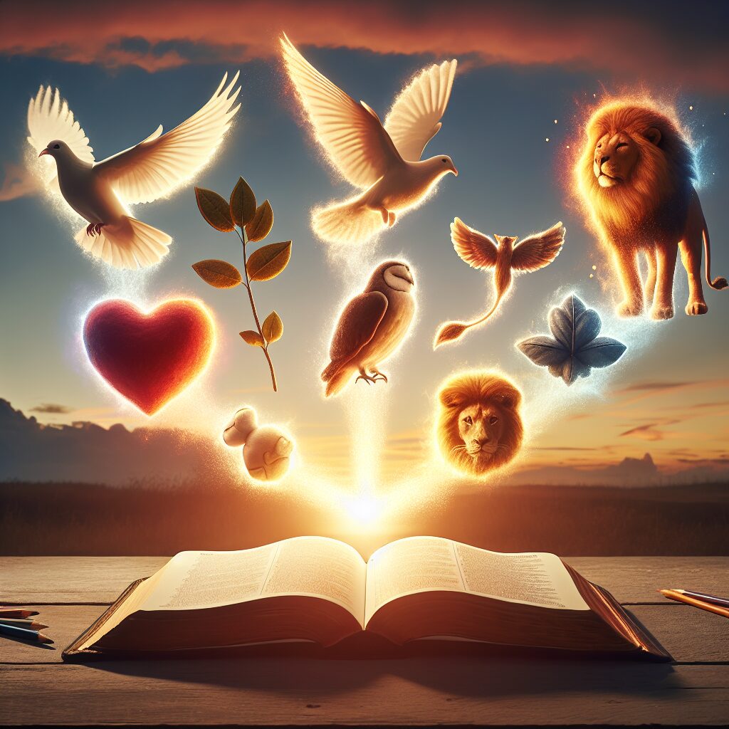 A conceptual scene symbolizing the transformative power of the Bible in English. The scene includes an open Bible in the foreground exuding radiant light, which engulfs an array of ordinary items transforming them into representations of virtues like peace (dove), wisdom (owl), courage (lion), and love (heart). The setting could be calm and serene, with a cloudless sky and the sun setting in the background casting hues of warm colours. The image should convey a strong sense of inspiration coming from the pages of the Bible and the transformative effects it signifies.