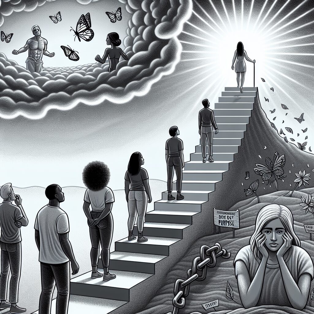 A thought-provoking depiction of the journey towards positive body image and self-identity. Show a metaphorical staircase leading up towards bright light indicating self-love, acceptance, and self-esteem. Below, a grayscale world depicts anxiety and negative self-perception. Include diverse individuals in various stages of the journey, like a Hispanic male climbing the stairs, a Black female looking contemplatively at the path, and a South Asian male just contemplating the ascent. Emphasize transformation driven by purpose, perhaps with symbolic representations, such as butterflies, flowers, or breaking chains.