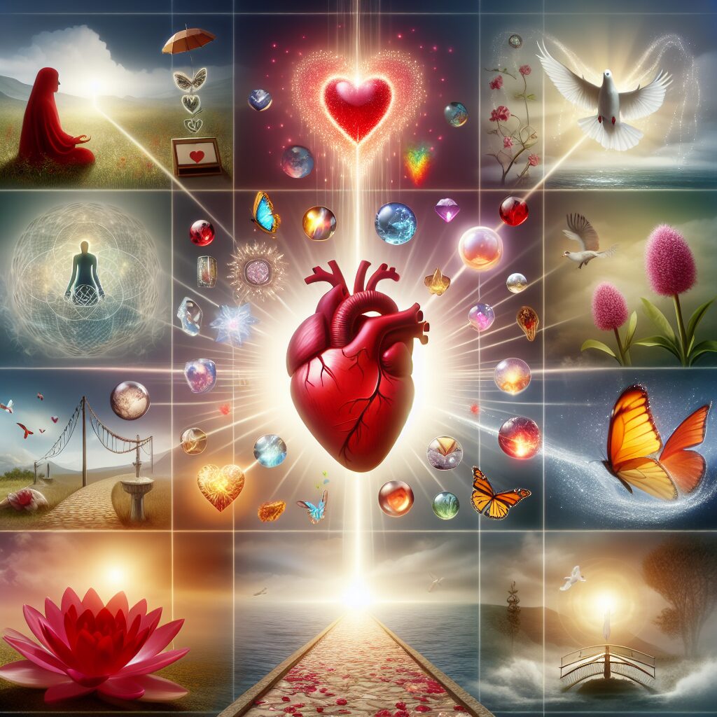 Visualize a serene scene, symbolizing emotional and spiritual transformation. In the center, focus on an object denoting the heart. The heart could be represented by a ruby-red crystal, radiating light. Around it, show images, objects or symbols representing various positive emotions. These could include a blooming flower for happiness, a butterfly indicating freedom, a dove symbolizing peace, and a bridge, portraying connection. Meanwhile, encompassing the entire scene, incorporate elements of spiritual growth and enlightenment such as light ascending towards the sky, or a pathway leading towards a glowing horizon.