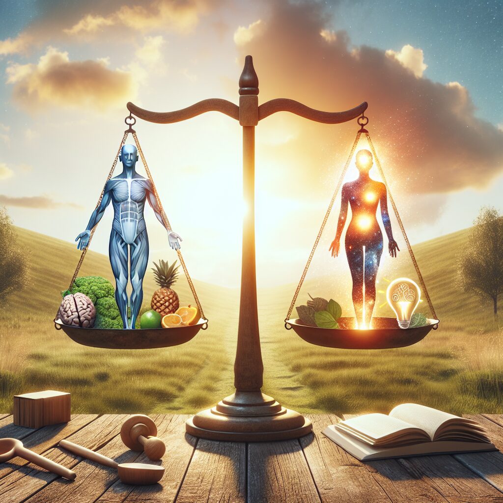 Create an inspiring image portraying the journey of transformation of body and soul through psychology. The image should focus on a balance scale, representatively holding a fit, healthy body on one side and a radiant, glowing soul on the other. The background should be serene with a nature scene, to evoke a sense of peace and tranquility. Include various elements symbolizing psychology, such as a brain, an open book, or a light bulb for ideas. Avoid any specific individuals in the image to keep it abstract and to focus on the overall concept.