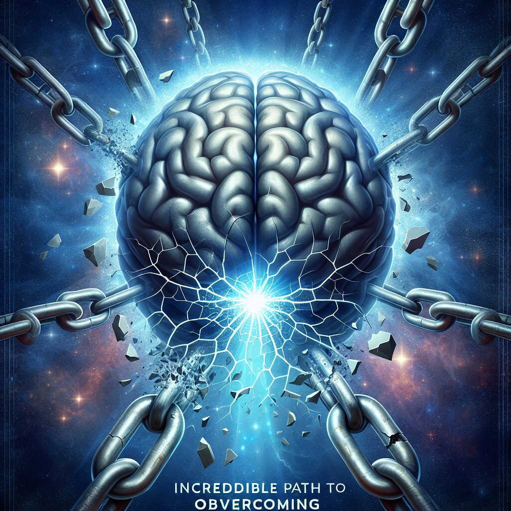 Depiction of a captivated mind breaking through chains, symbolizing overcoming limitations. A brain situated at the center of the image, with an aura of light surrounding it, is breaking through metallic chains that were previously holding it captive. Cracks appear around the chains, signifying the brain's struggle for freedom. The background is a cosmic star field, inferring infinite possibilities. The phrase 'Incredible Path to Overcoming' is written boldly at the bottom in a stylish, vibrant font. The color palette consists of blues and silvers, symbolizing calm determination and strength respectively.