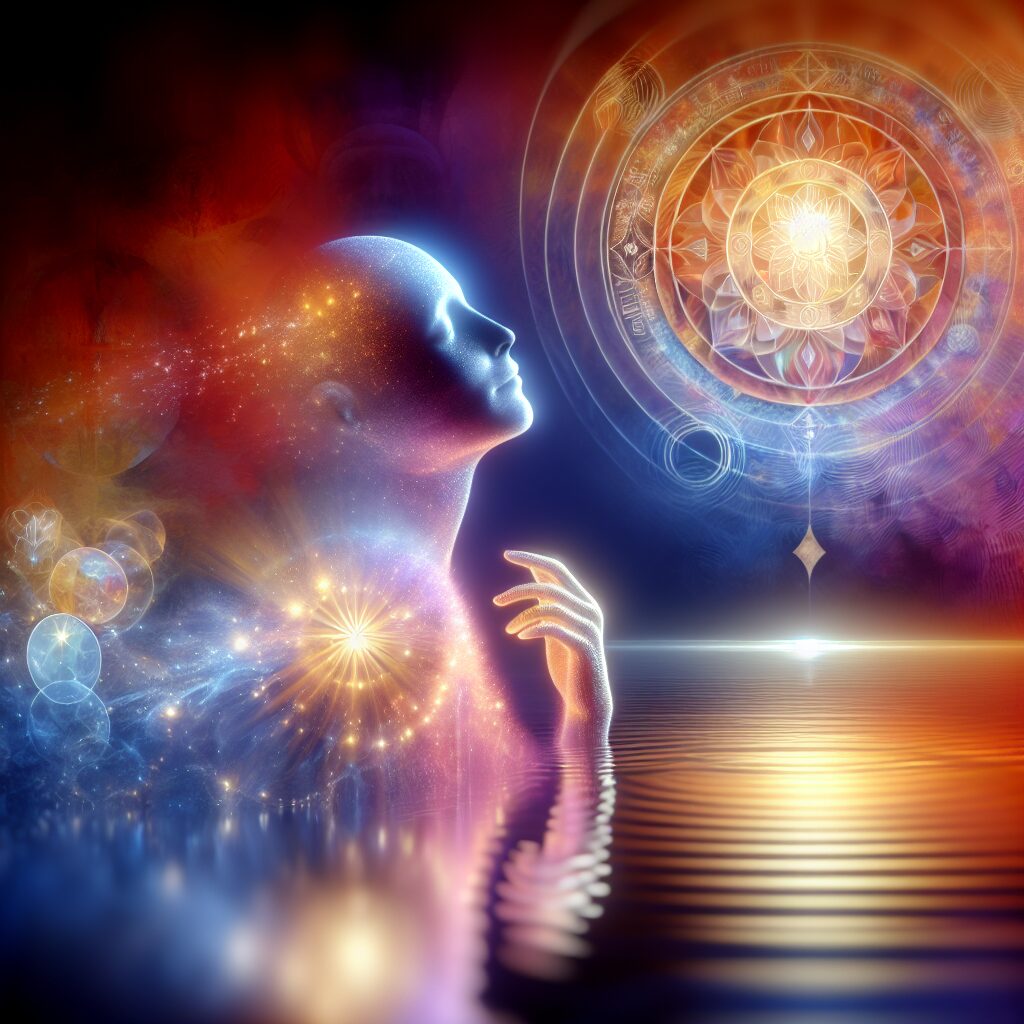 A tranquil representation of an individual experiencing a transformation, their body shimmering as it shifts towards a more ethereal form. Their face shows peace and acceptance as they ascend, their surroundings reflecting the colors of dawn. A soft glow exudes from them, giving off a divine essence. They could be visualized as a Middle Eastern female, adding diversity to the scene. In the background, metaphoric symbols such as a lotus flower or an ancient scripture can be seen, symbolizing wisdom and transformation.