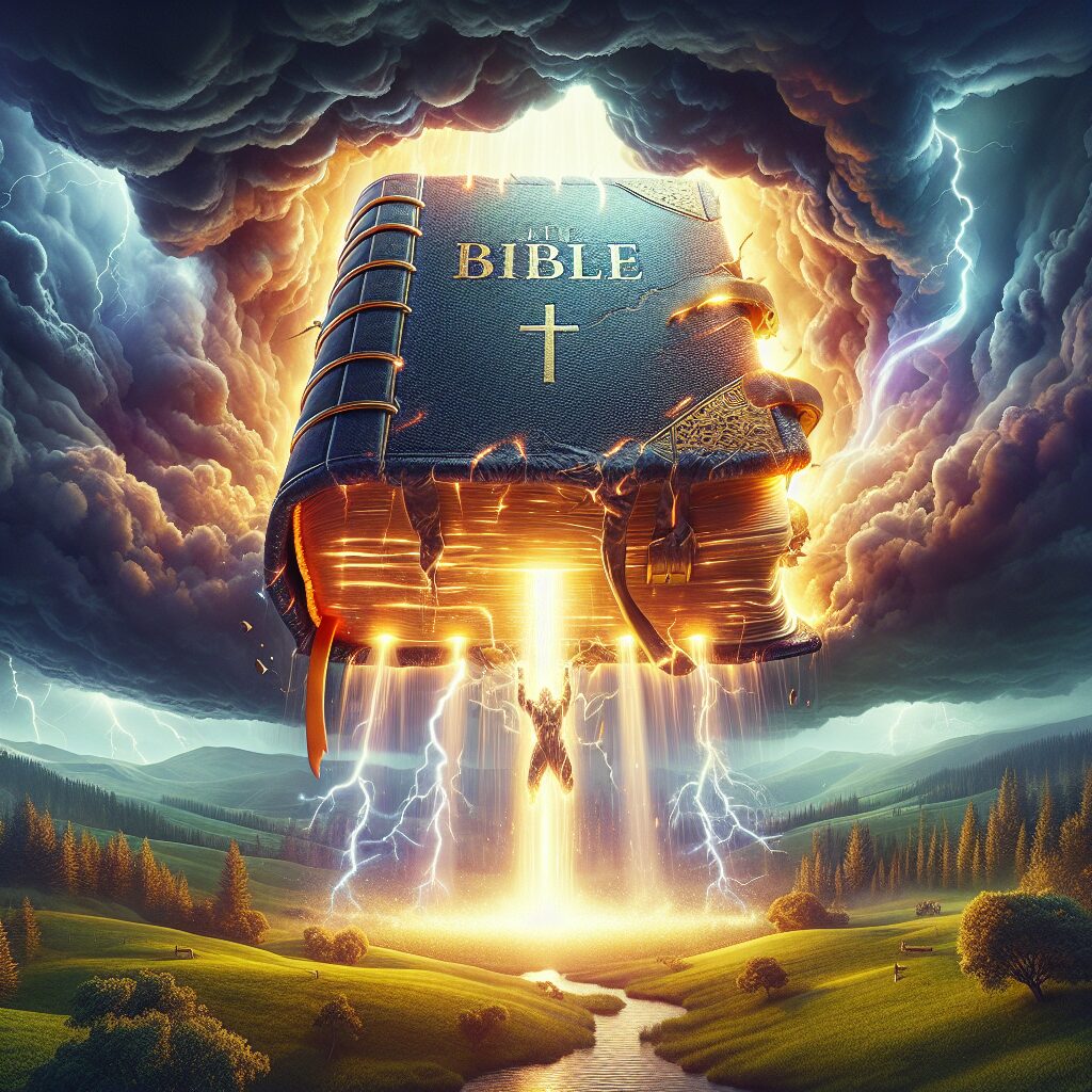 A magnificent visual representation of the Bible embodying strength under intense pressure. Visualize an image where a sturdy Bible is under a heavy load, but instead of being crushed, it illuminates brighter and exudes an aura of resilience. The surrounding environment should emphasize the pressure situation with elements such as a stormy sky, intense lightning, or encroaching darkness fought off by the emitting light from the Bible. Underneath this daunting scene, present a tranquil pastoral setting, brightly lit by the light from the Bible, symbolizing the power of faith and resilience in front of adversity.
